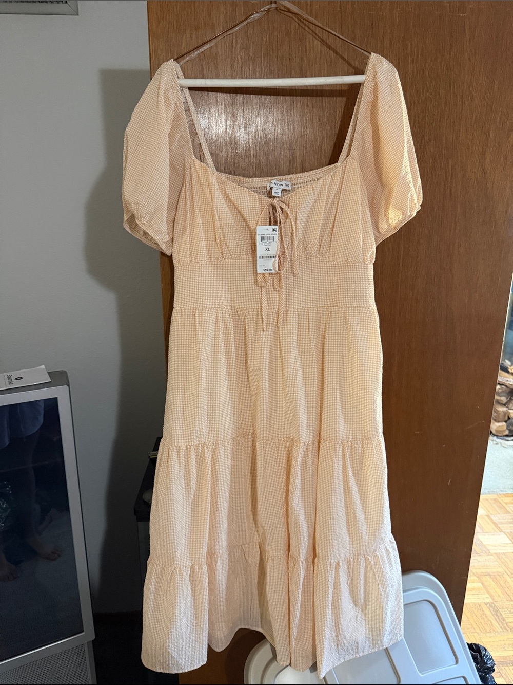 Peach Tiered Puff-Sleeve Midi Dress with Tie Front